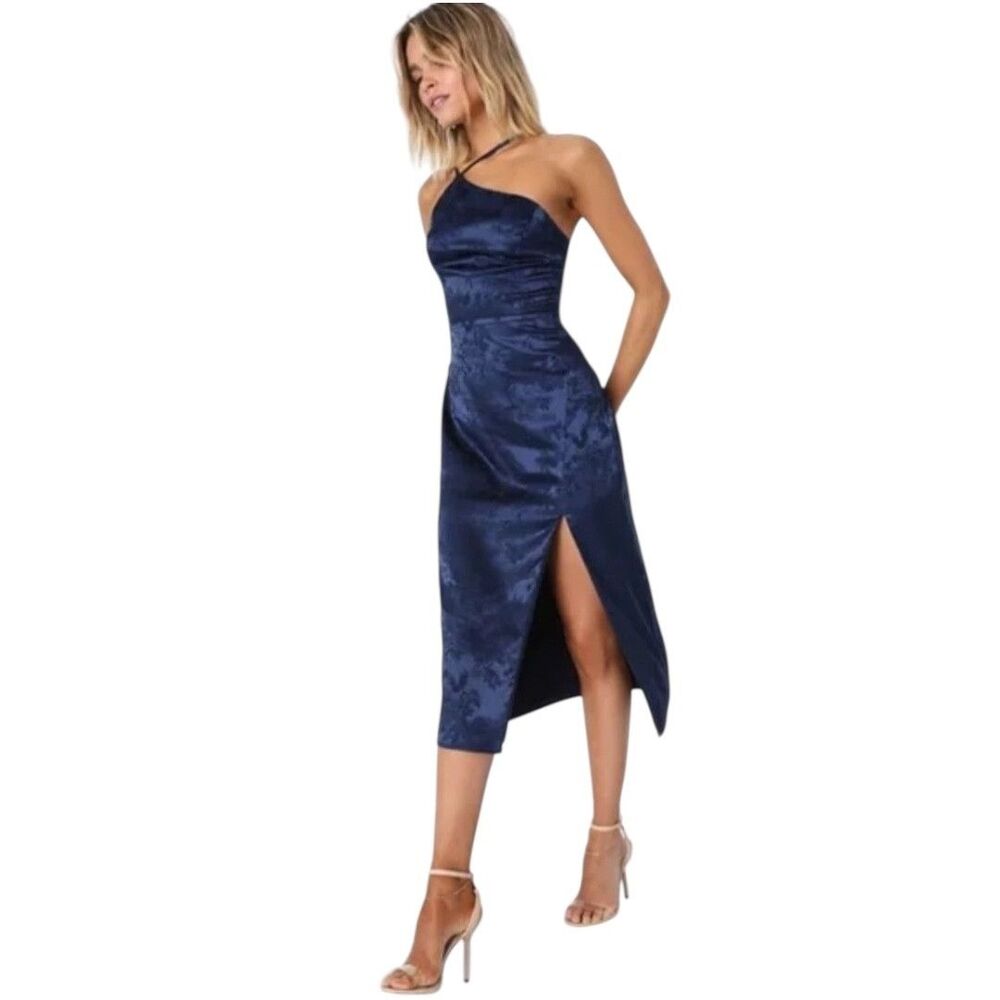 Lulus Desirable Dream Satin Dress Sz S Navy Jacquard Halter Wedding Formal Party